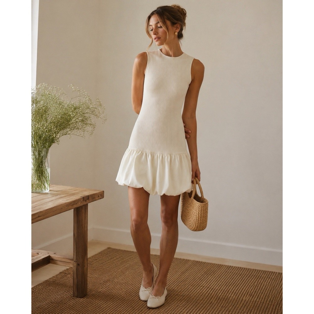 Zara‎ White Ribbed Bubble Hem Mini Dress M Open Back Quiet Luxury Minimalist NWT